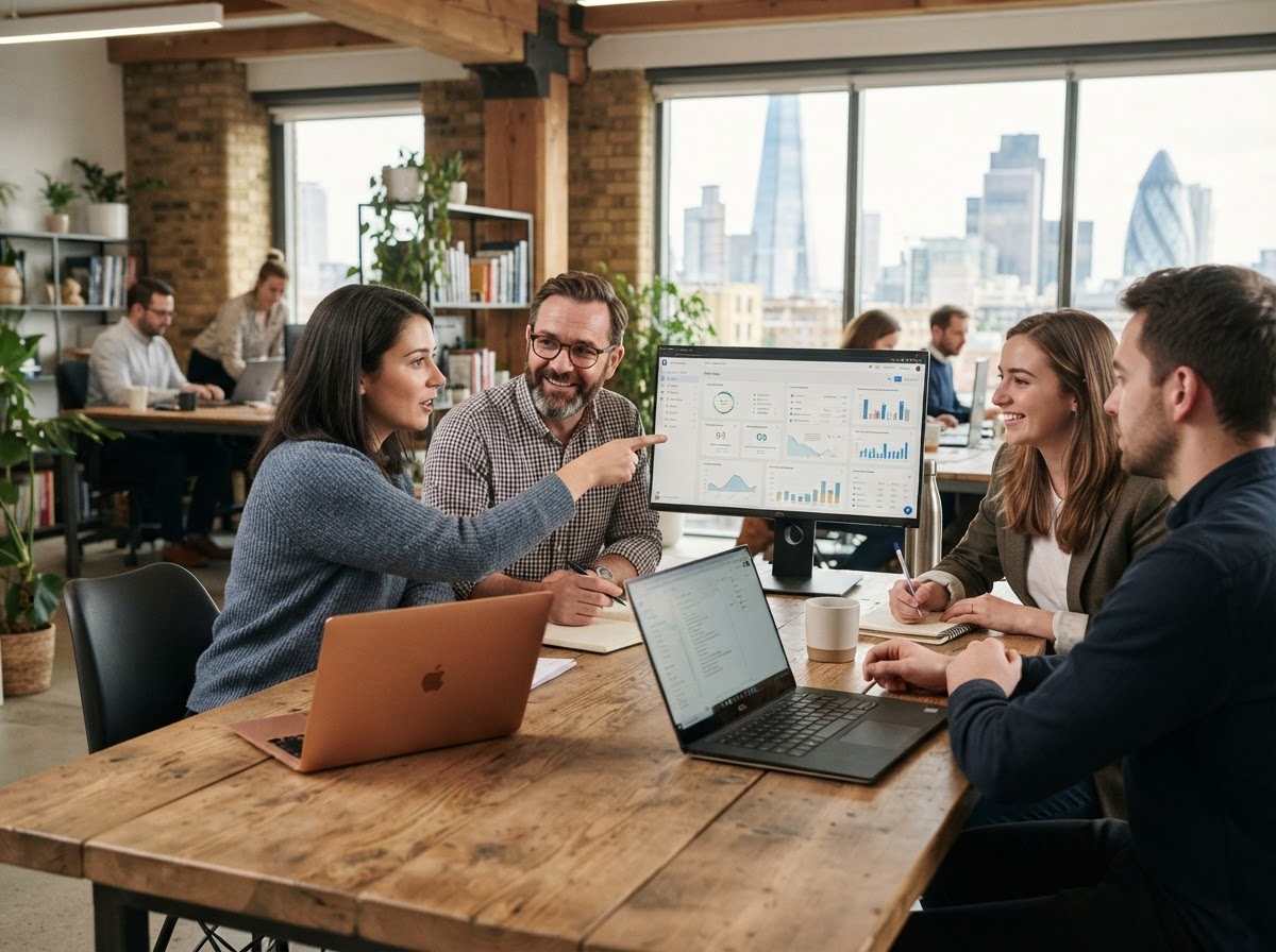 Zynqavero team reviewing AI-driven market analysis on screen